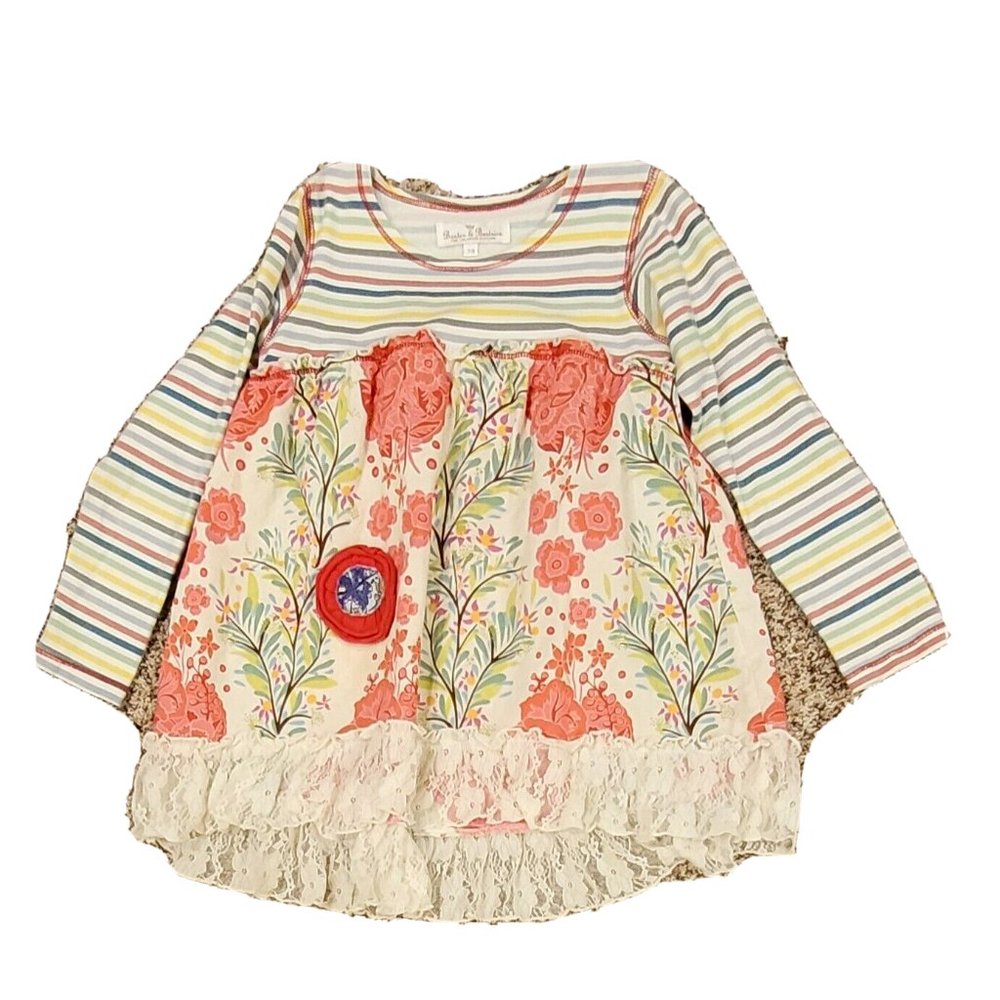 Girls Sz 7/8 BAXTER & BEATRICE Floral/Stripe Long Sleeve Dress with Lace Hemline